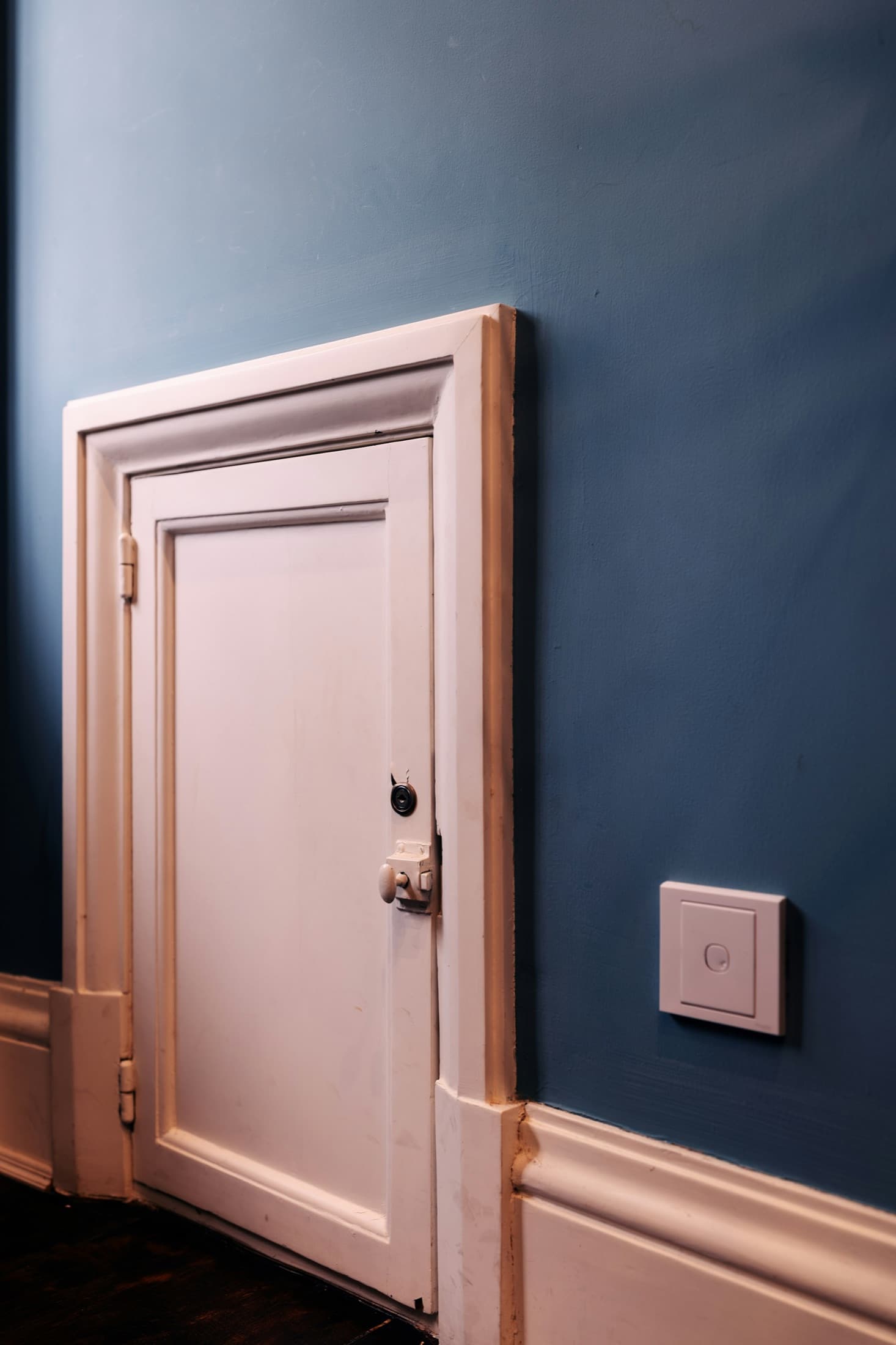 Pared pintada en azul profundo con puerta y zócalo moldurados